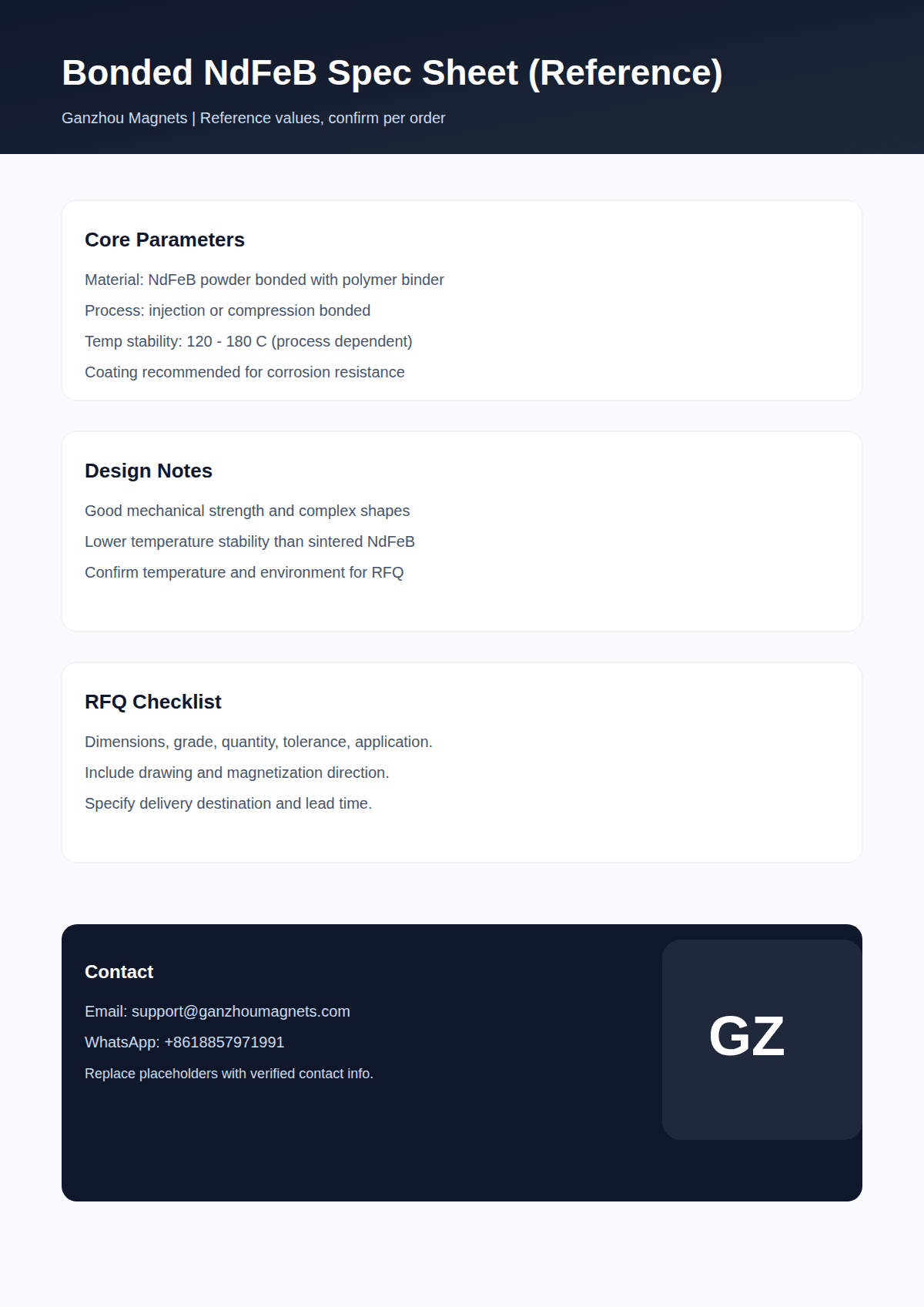 Bonded NdFeB spec sheet (reference) preview